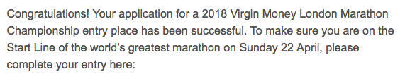 London Marathon 2018 Championship Entry confirmation